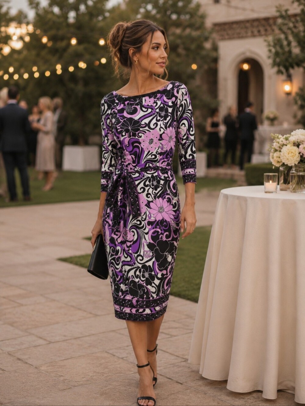 Tahari ASL Purple and Black Floral Tie-Waist Midi Dress